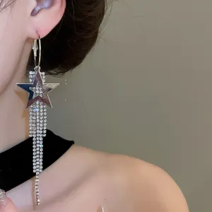 Luxury rhinestone star tassel earrings for women elegant long crystal drop jewelry item