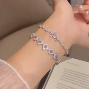 Conjunto de pulseras de trébol y mariposa de cristal de doble capa, joyería elegante de plata.