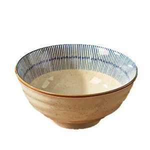 Japanese ceramic noodle bowl, vintage blue striped ramen bowl for home kitchen dining use.