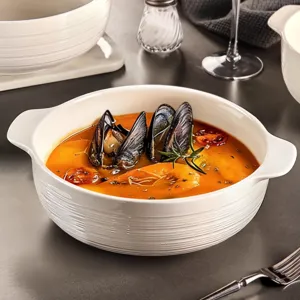 Ceramic White Double Ear Soup Bowl Household Large Capacity Salad Ramen Basin With Textured Surface Kitchen Tableware