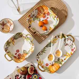 Nordic ceramic tableware set with cute pumpkin and autumn leaf patterns for kitchen home use.