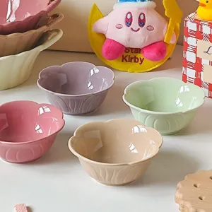 Cute ceramic flower dipping sauce dish set, colorful small snack bowls for home kitchen use.