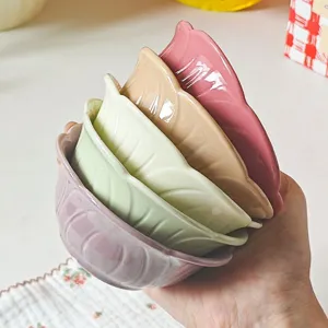 Ceramic leaf shaped dipping sauce bowl set, cute macaron colors for home dining table decor.