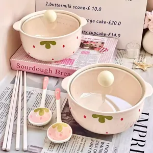 Cute Strawberry Ceramic Instant Noodle Bowl With Lid Spoon Chopsticks Large Capacity Soup Bowl For Kitchen Tableware