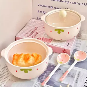 Cute ceramic soup bowl with lid and spoon set, sweet strawberry pattern for home kitchen use.