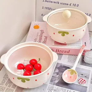 Cute ceramic soup bowl set with lid and spoon, ins style tableware for home and noodle serving.
