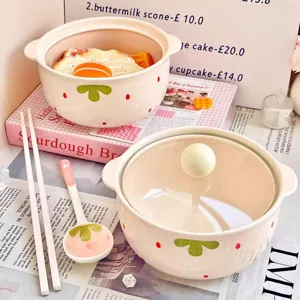 Cute INS style ceramic soup bowl set with lid and spoon, large capacity tableware for noodles.