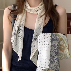 Chic polka dot chiffon scarf with delicate butterfly print, elegant French style accessory.