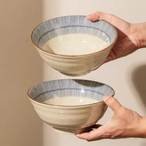 Japanese ceramic noodle bowl set, vintage blue stripe handmade soup bowl for home kitchen.