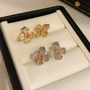 Vintage Koperen Zirconia Bloem Oorclips Voor Vrouwen Niet Gepierced Florale Oorbellen Lichtoranje Kristal Ontwerp Sieraden Cadeau