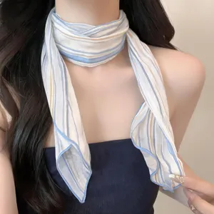 Chic chiffon printed fabric necklace scarf, French country style light blue and yellow stripes.