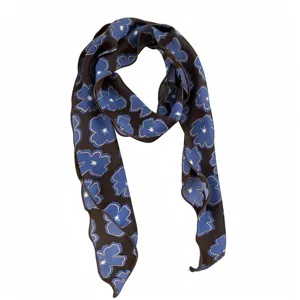 Chic brown silk twilly scarf featuring a stylish blue floral pattern. Perfect neck accessory.