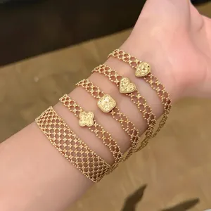 European retro lace mesh gold bracelet set, elegant heart and droplet charms for women.