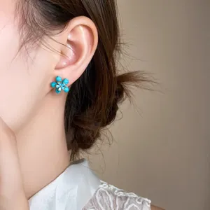 Vintage blue flower stud earrings French retro style zircon jewelry for women daily wear