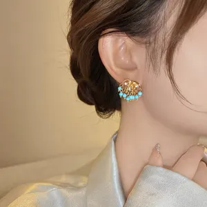 Vintage french blue bead tassel earrings elegant gold metal drop jewelry for women