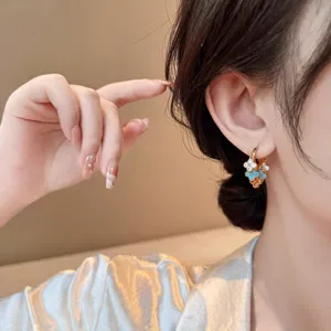 Vintage blue zircon hoop earrings French retro style gold plated elegant luxury jewelry for women.