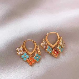 Vintage blue zircon clover tassel hoop earrings, French retro luxury jewelry for women.