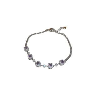Elegante pulsera de plata con cristales violetas y estrás, estilo princesa vintage para mujer.