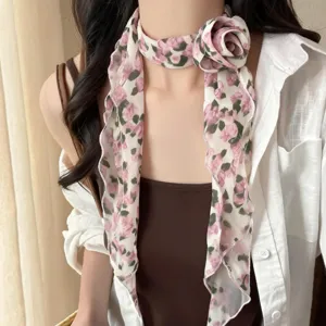 Chiffon floral neck scarf with 3d flower accent, french vintage choker for women daily wear.