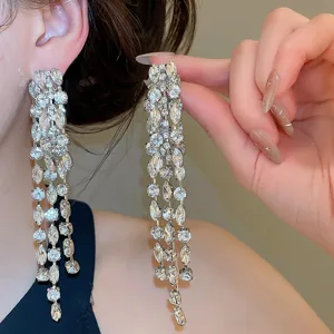 Luxury crystal zircon long tassel earrings, sparkling rhinestone statement drop jewelry for women.