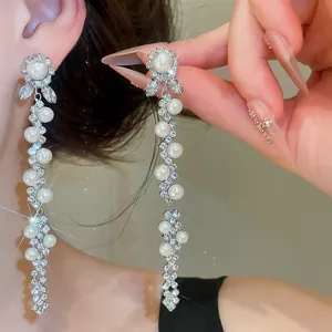 Luxury Zircon Pearl Long Tassel Earrings Elegant Women Banquet Jewelry Dangle Studs