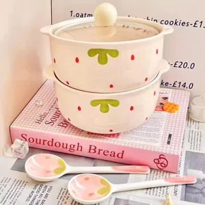 Cute ceramic soup bowl set with lid and spoon, sweet strawberry pattern for daily home use.