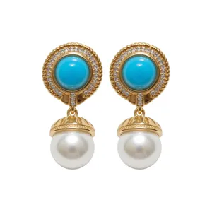 Vintage blue gemstone and pearl drop earrings, retro gold plated fashion jewelry for women.