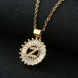 Gold-plated copper necklace with sparkling cubic zirconia circular letter Z pendant for women.