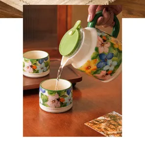Detailed view of ceramic water set, elegant floral teapot and cups for home and gift use.