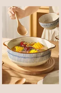 Japanese retro ceramic soup bowl with double handles blue vertical stripes large capacity kitchen bowl
