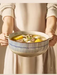 Japanese retro ceramic soup bowl with double handles and blue vertical stripes detail