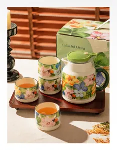Ceramic tea set with teapot and cups, floral pattern design, perfect for home gift box packaging.