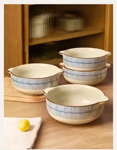 Japanese retro ceramic soup bowl with double handles, large capacity blue stripe tableware.