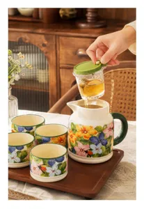 Ceramic water set teapot and cups set with wooden tray floral pattern home use gift box