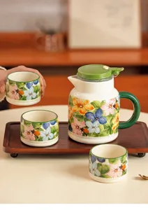 Ceramic water set teapot with floral cups and wooden tray for home daily kitchen gift.