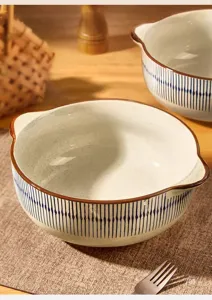 Japanese retro ceramic soup bowl with double ears and blue vertical stripes detailed.
