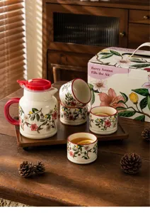 Detailed ceramic teapot and teacups set with elegant floral pattern on wooden tray detail.
