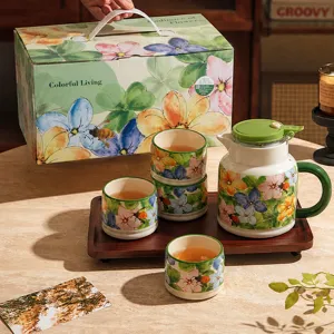 Light Luxury Ceramic Water Set Gorgeous Colorful Floral Teapot Teacups With Wooden Tray Gift Box Home Tea Set