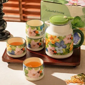 Ceramic water jug and cup set with floral pattern, elegant tea set with wooden tray and gift box.