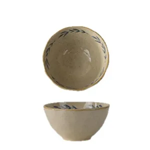 Ciotola di riso in ceramica vintage con motivo a foglie blu, stoviglie da cucina.