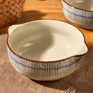 Japanese vintage ceramic soup bowl with double handles, blue striped design for home use.