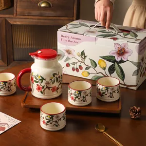 Ceramic Tea Set Household Teapot And Teacups With Wooden Tray Gift Box Berry Aroma Design For Home Kitchen Drinkware