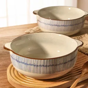 Japanese retro ceramic soup bowl with double ears and blue vertical stripes for home use.