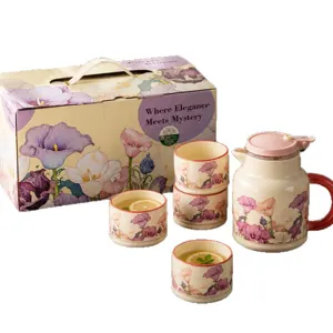 Service a thé en céramique avec coffret cadeau, théière et tasses à motif floral élégant