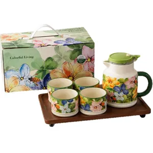 Ceramic water jug and four cups tea set with wooden tray and gift box for home use