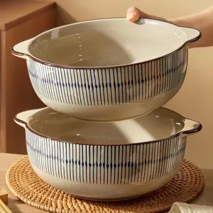 Japanese retro ceramic soup bowl, large capacity double-ear design for household dining.