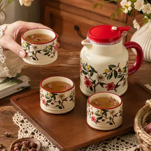 Ceramic teapot and tea cups set with vintage floral pattern for home use and gift giving main view