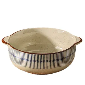 Japanese vintage ceramic double-ear soup bowl, large capacity kitchen tableware for home use