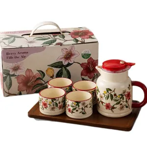 Ceramic tea pot and cups set with wooden tray and gift box for home and housewarming gift.
