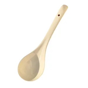 Cream ceramic soup spoon, minimalist long handle ladle, elegant Japanese style kitchen tableware.
